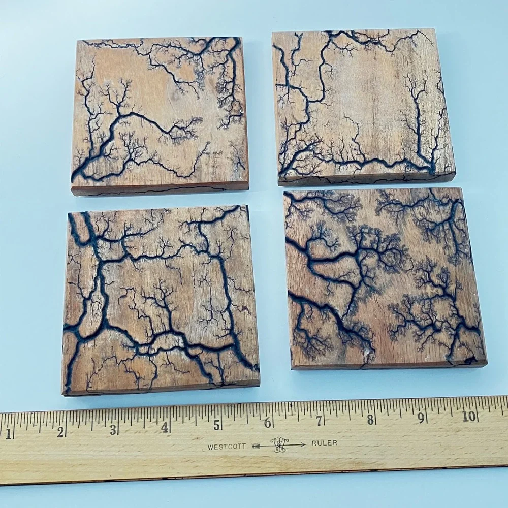 Handmade Coaster Set Lichtenberg Fractal Wood  Burning 4in Brown Lightning Art